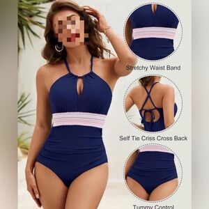 BLOOMING JELLY 1-piece Tummy Control Halter Swim Suits, Size L